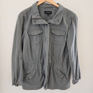 TALBOTS Jacket Womens sz Lg Roll Tab Safari Utility Cinch Waist Zip Olive Green